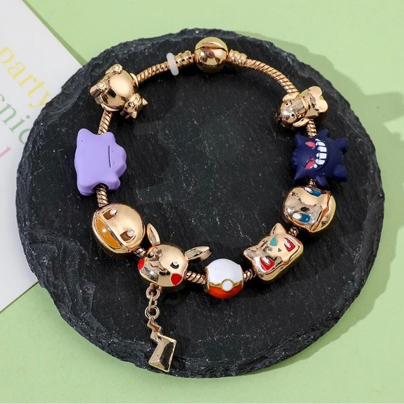 Gold Plated Pokemon Themed Charm Bracelet Adjustable Sizing Design - Picture 4 of 8